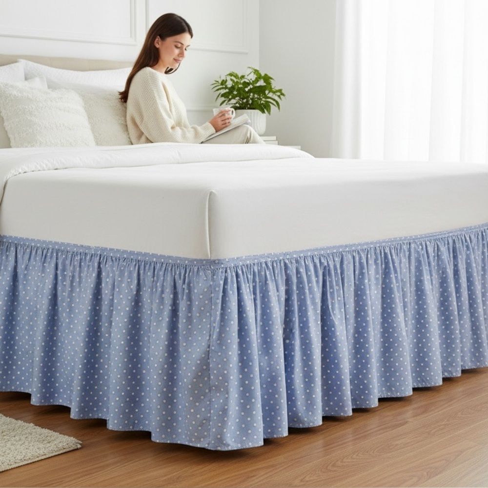 Waverly Blue White Polka Dot Cotton Preppy Farmhouse Cottage King Size Bed Skirt